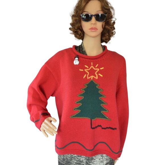 Vintage 90s Christmas Tree Holiday Knit Sweater Snowman Pin Womens Estimated M/L - Picture 1 of 9